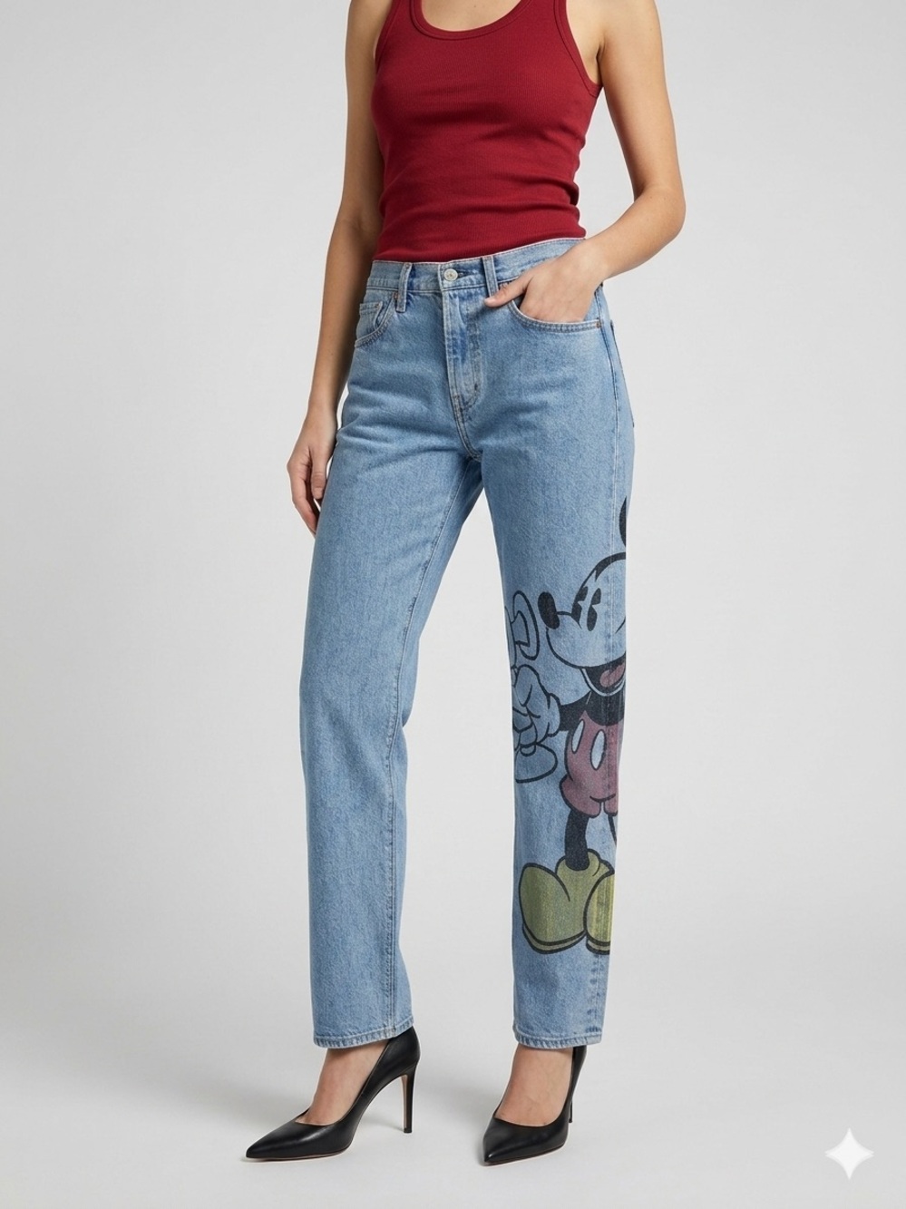 Disney Light Blue Straight-Leg Jeans with Mickey Print